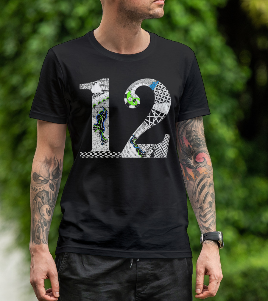A Twelve Like No Other Intricate Black White Green Blue T-Shirt