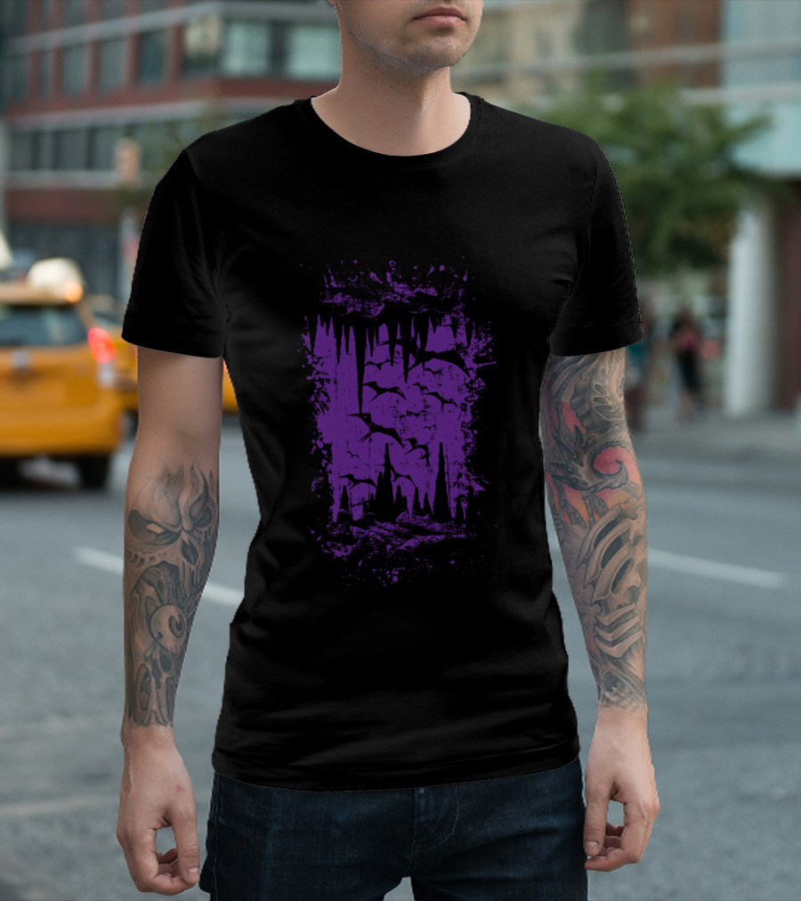 Purple Bat Cave Silhouette Stalagmites And Stalactites T-Shirt