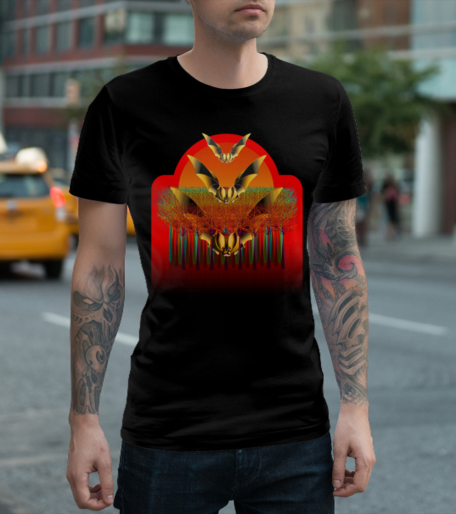 Golden Bats Over Vibrant Red Forest T-Shirt