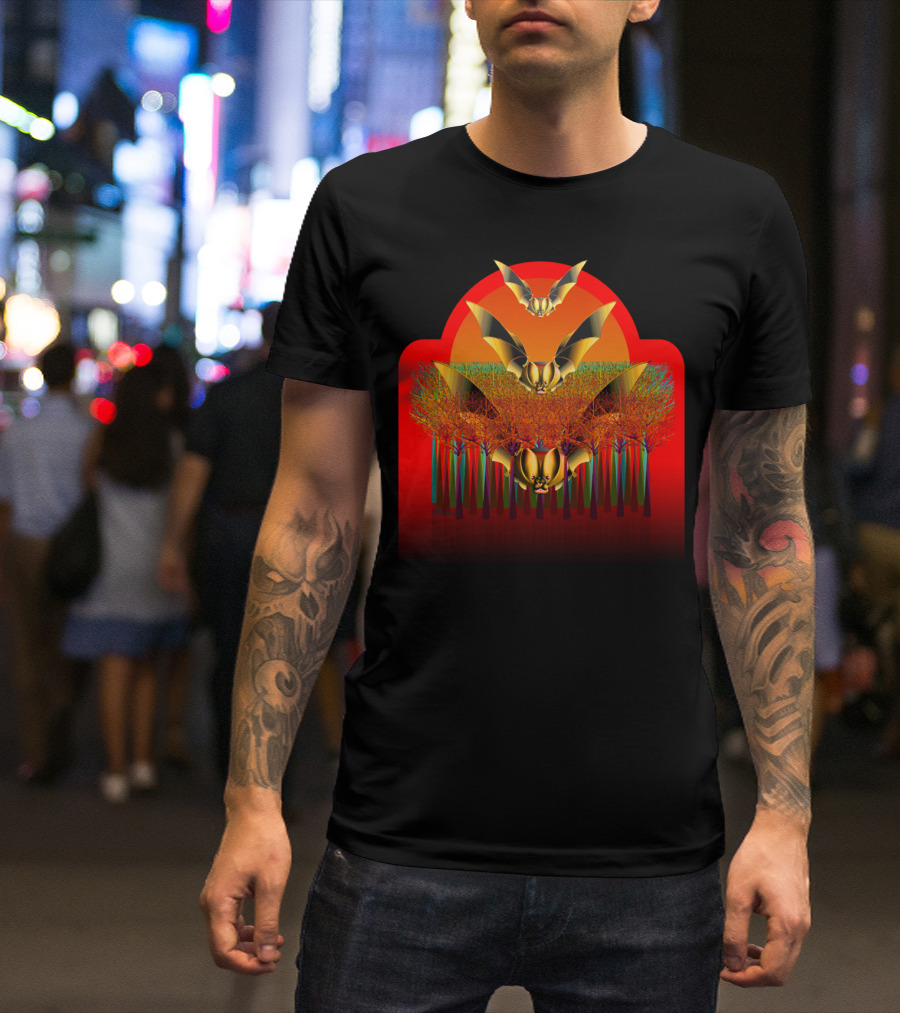 Golden Bats Over Vibrant Red Forest T-Shirt