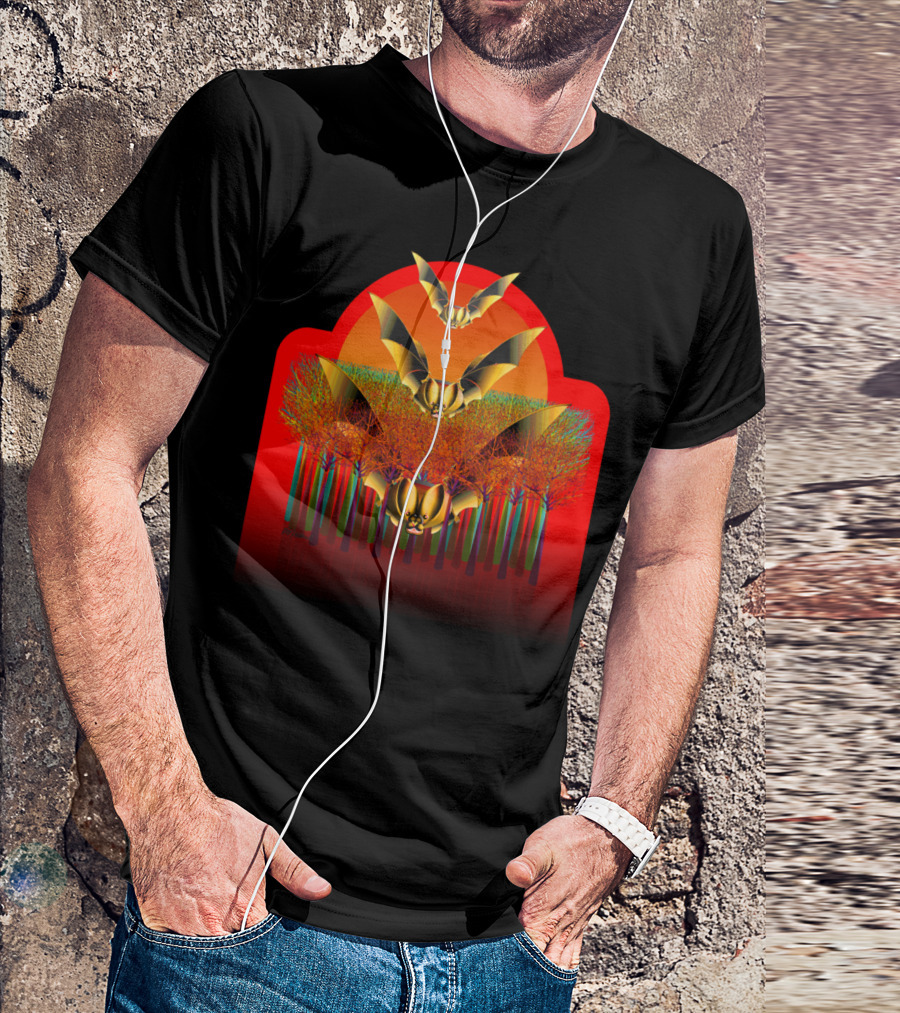Golden Bats Over Vibrant Red Forest T-Shirt