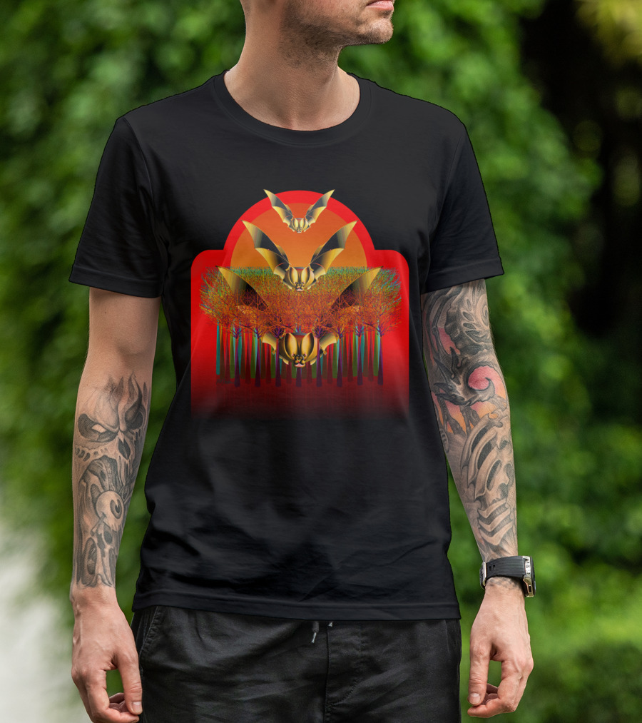 Golden Bats Over Vibrant Red Forest T-Shirt