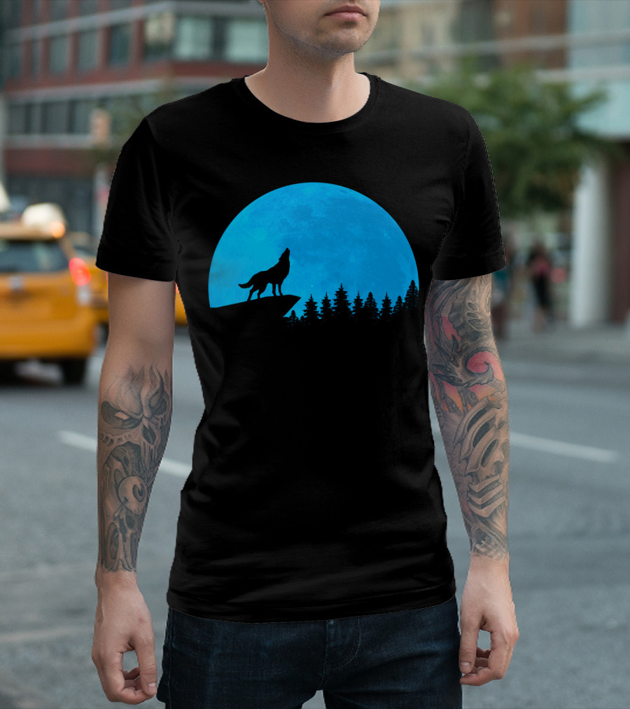 Blue Moon Howling Wolf Silhouette Night Scene T-Shirt
