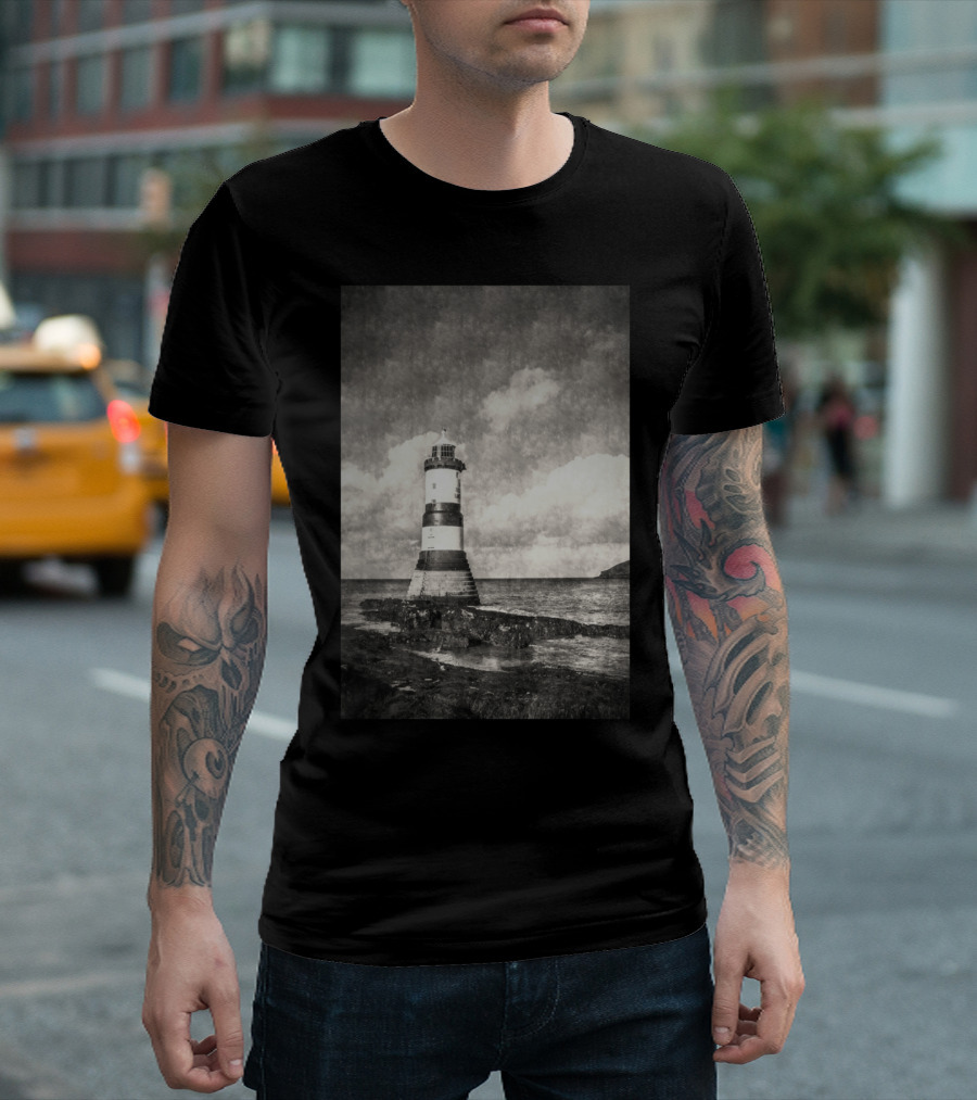 A Vintage Penmon Lighthouse Black and White Coastal View T-Shirt