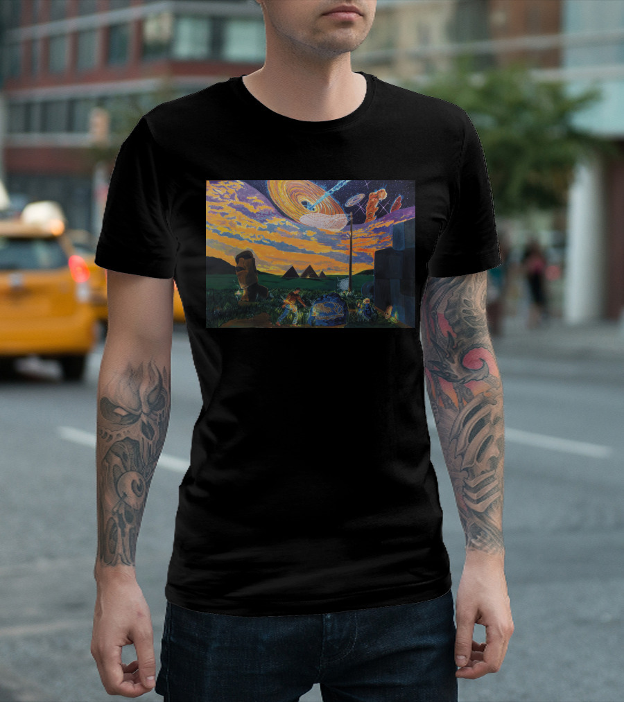A Walk In The Night Of Times Pyramids Moai Stonehenge Cosmic Sky T-Shirt