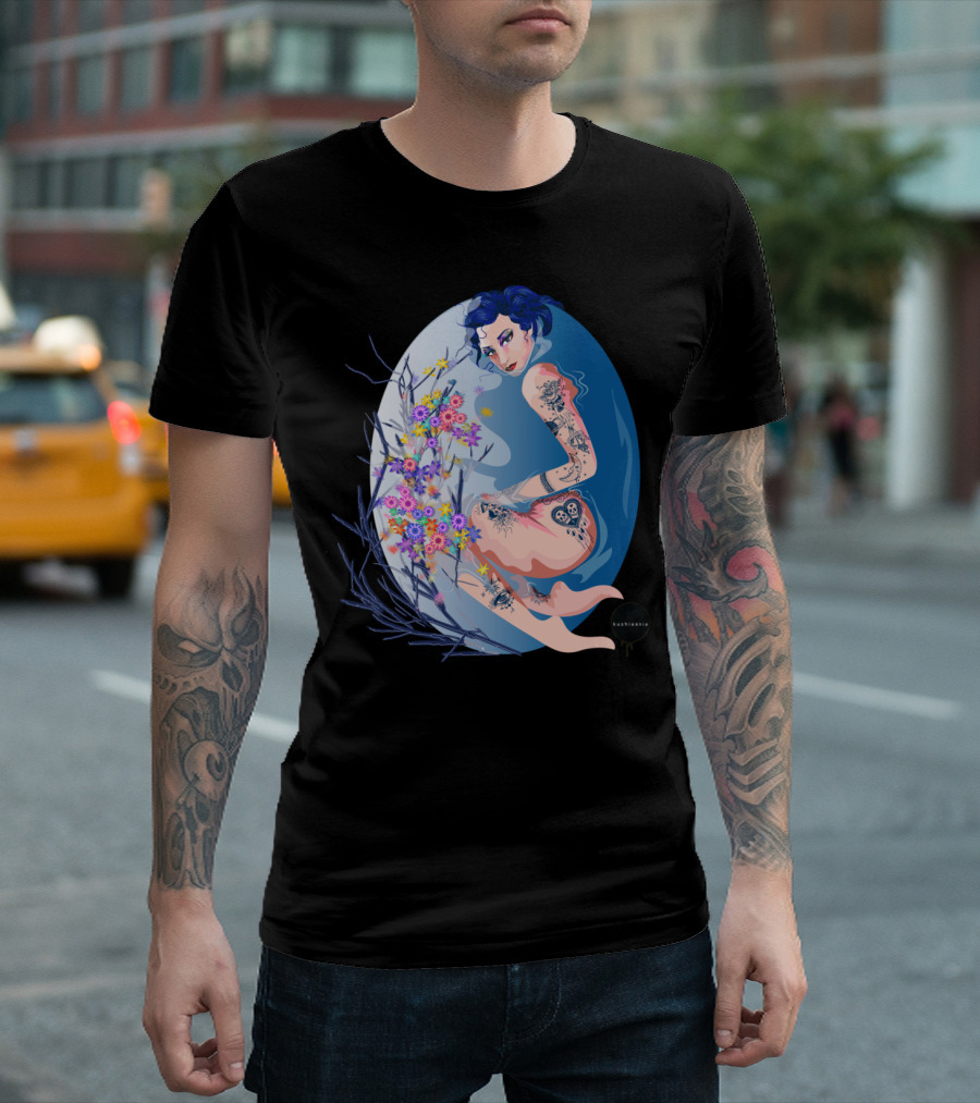 Bathtime Kushinov Tattoo Floral Art with Blue-Haired Figure T-Shirt
