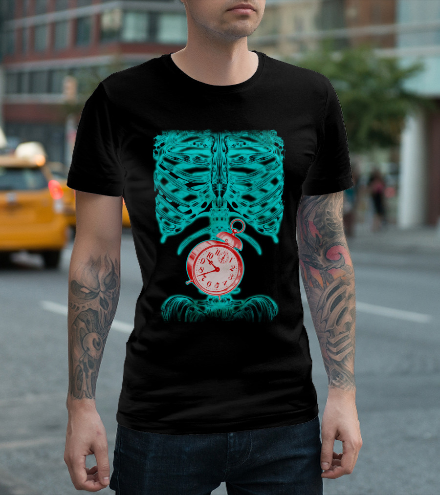 Hungry Man Xray Skeleton with Red Pocket Watch Inside T-Shirt