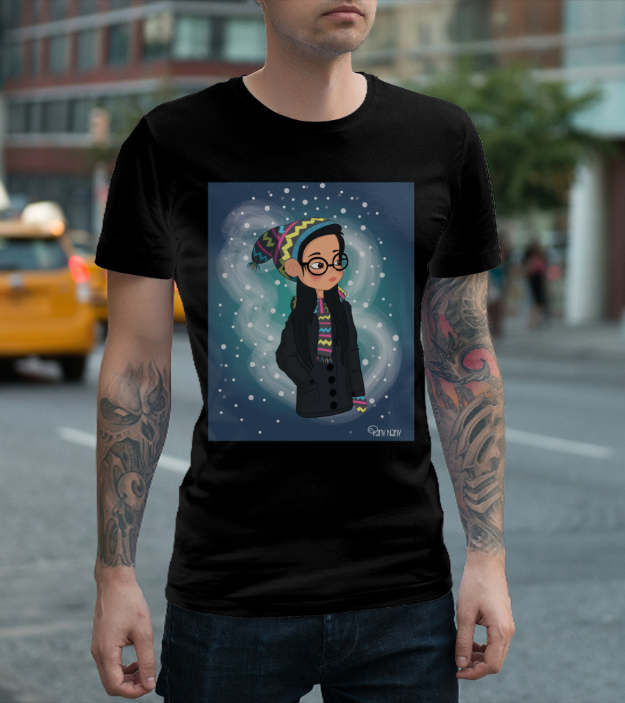 A Winter Day Cozy Knit Hat and Glasses Girl in Snowy Scene by Dani Nava T-Shirt