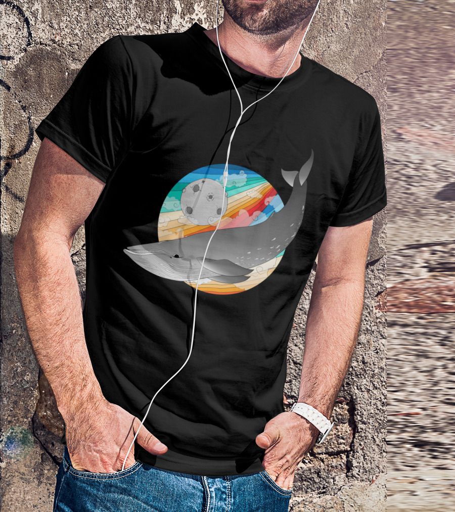 Magic Whale Rainbow Voyage With Moon And Clouds T-Shirt