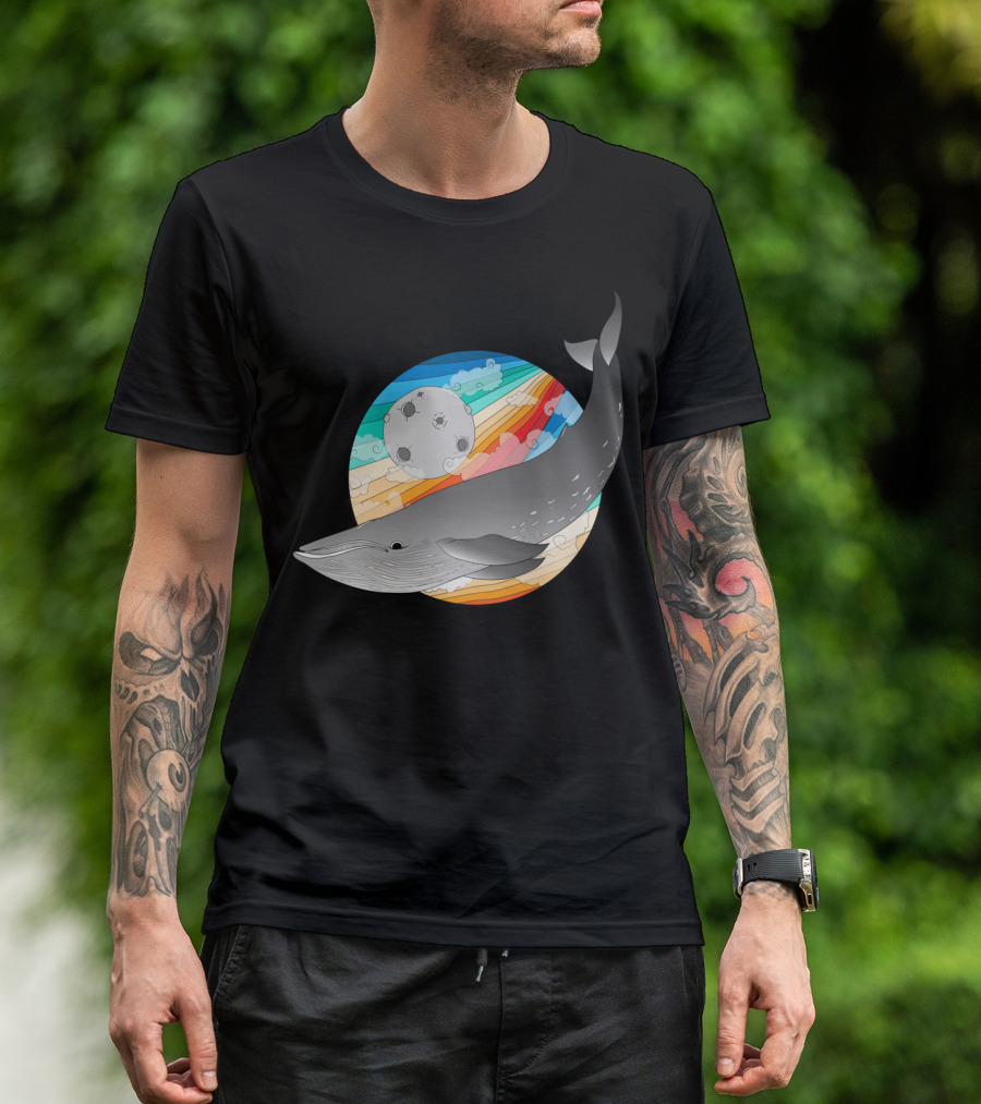 Magic Whale Rainbow Voyage With Moon And Clouds T-Shirt