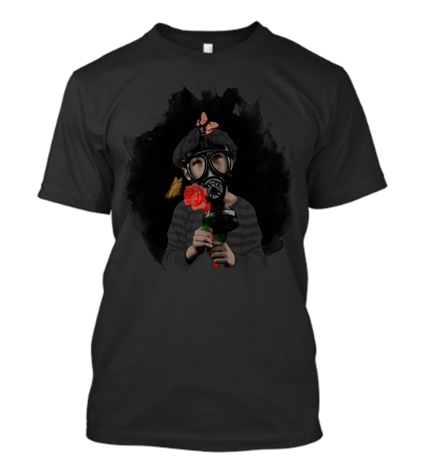 Digital Nature Gas Mask Boy With Rose And Butterflies T-Shirt