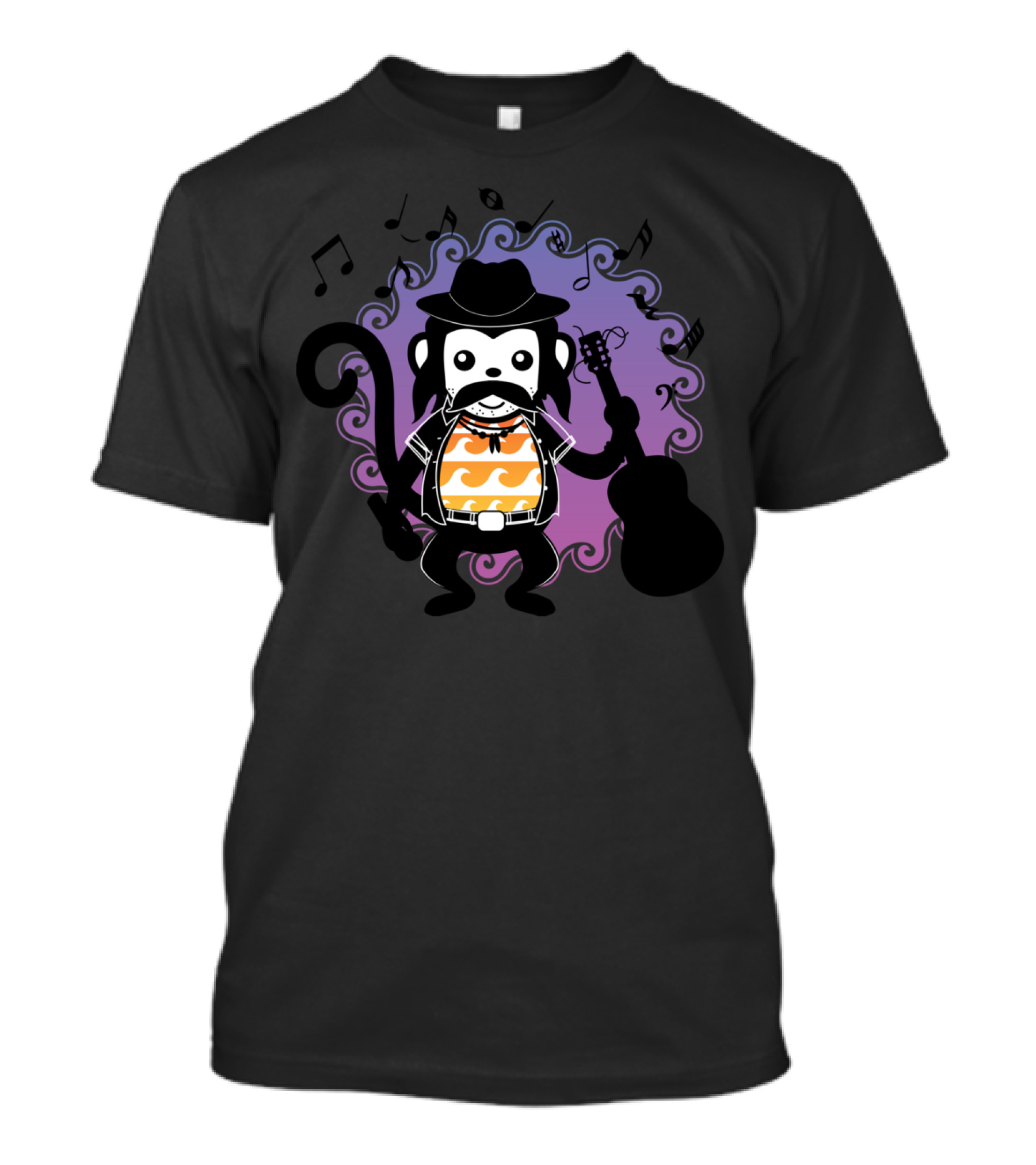 Comic Monkey Moustache Musician With Guitar And Notes T-Shirt
