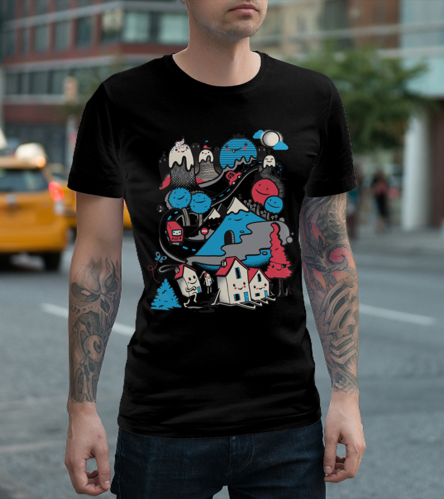 A World Without Humans Playful Landscape with Smiling Mountains and Houses T-Shirt