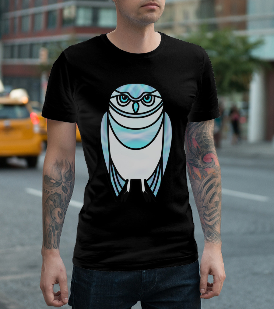 Blue Owl In Stained Glass Style Art Deco Bird T-Shirt