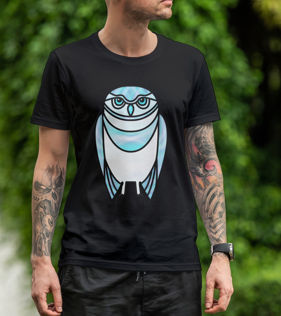 Blue Owl In Stained Glass Style Art Deco Bird T-Shirt