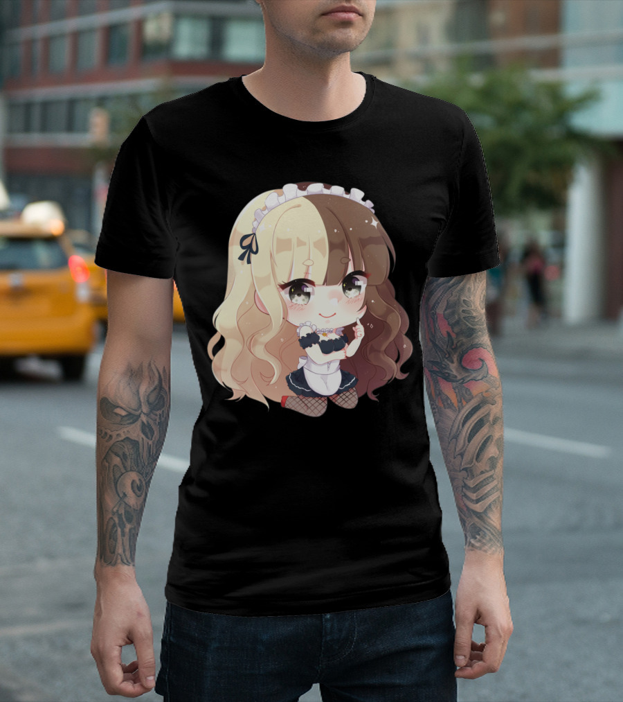 Maid Maki Chibi Style Cute Anime Character With Long Wavy Blond And Brown Hair T-Shirt