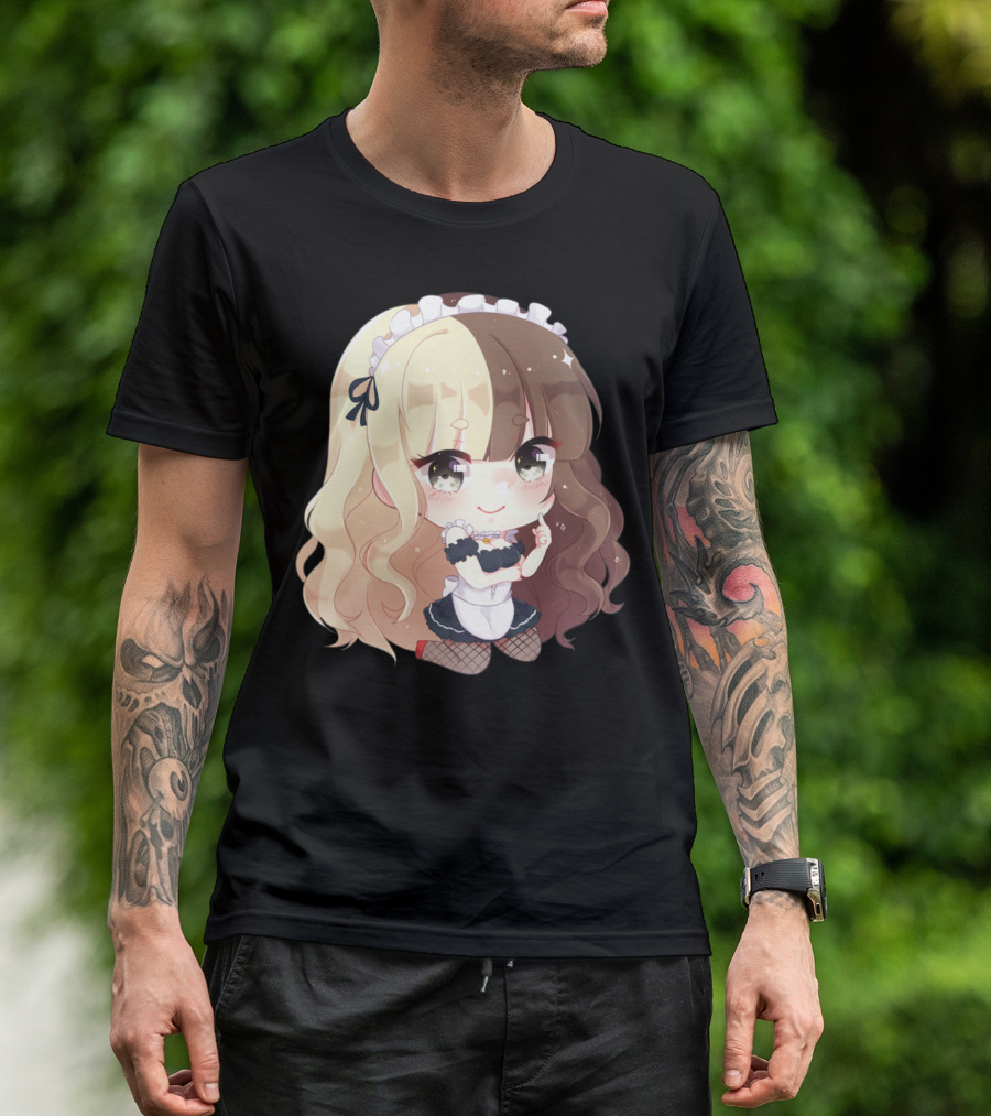 Maid Maki Chibi Style Cute Anime Character With Long Wavy Blond And Brown Hair T-Shirt