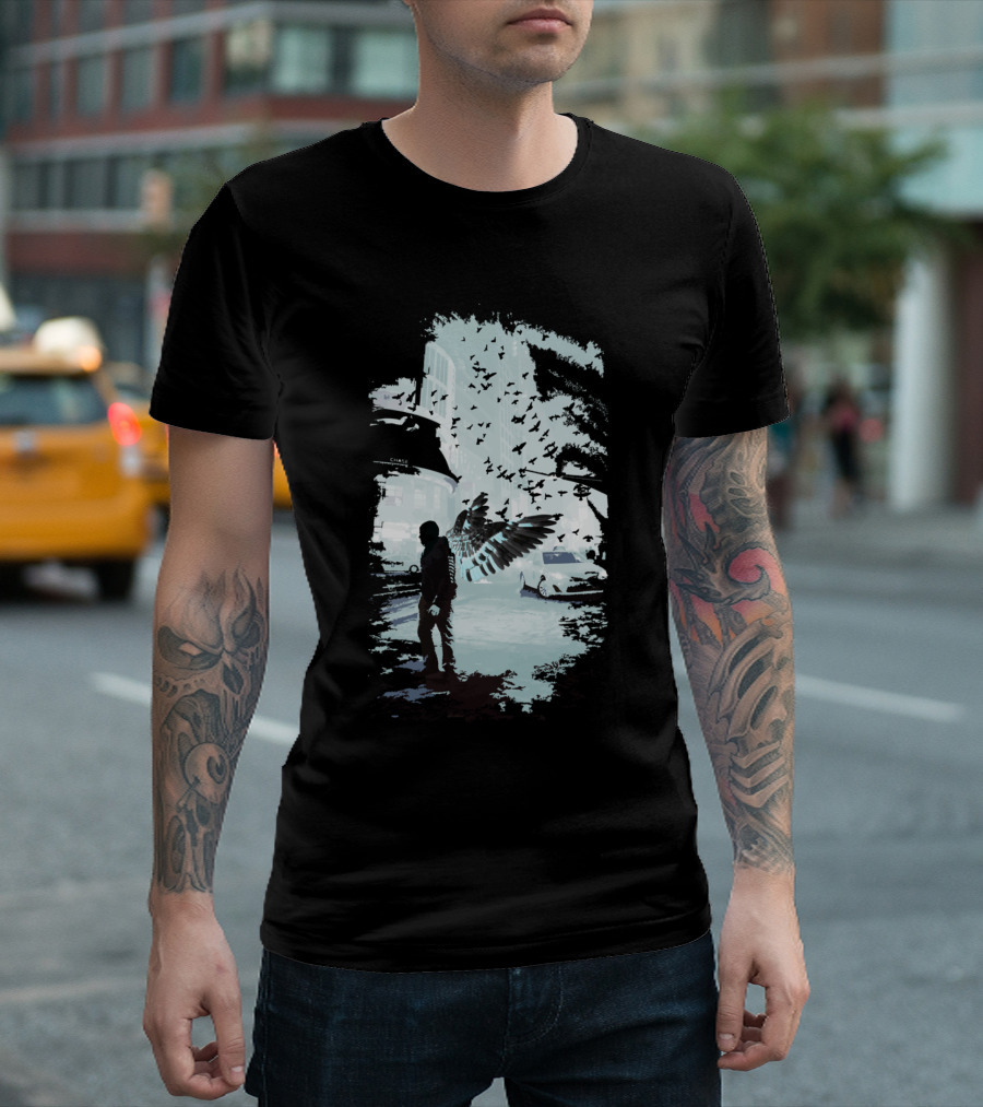 Angel In Manhattan Silhouette with Wings and Cityscape T-Shirt