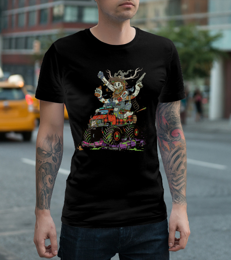 Battle Scar Biggles Skull Cowboy with Antlers on Monster Truck T-Shirt
