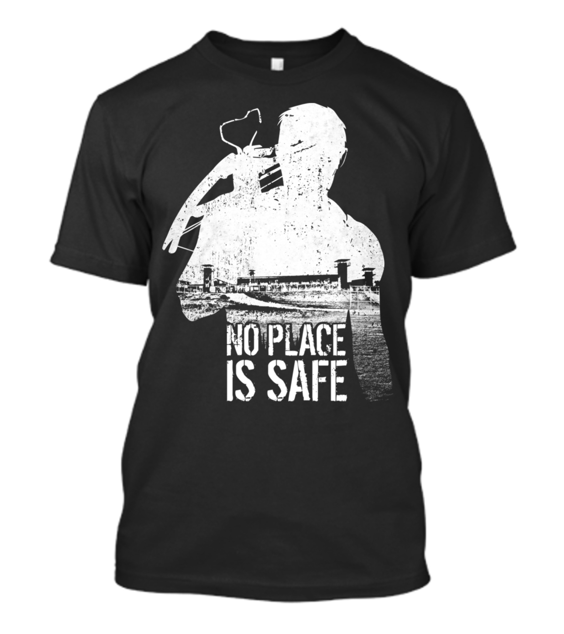No Place Is Safe Zombie Survivor Holding Weapon And Prison Complex T-Shirt