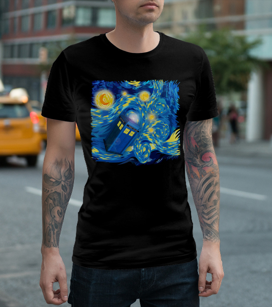 Blue Phone Box Van Gogh Starry Night Scene T-Shirt