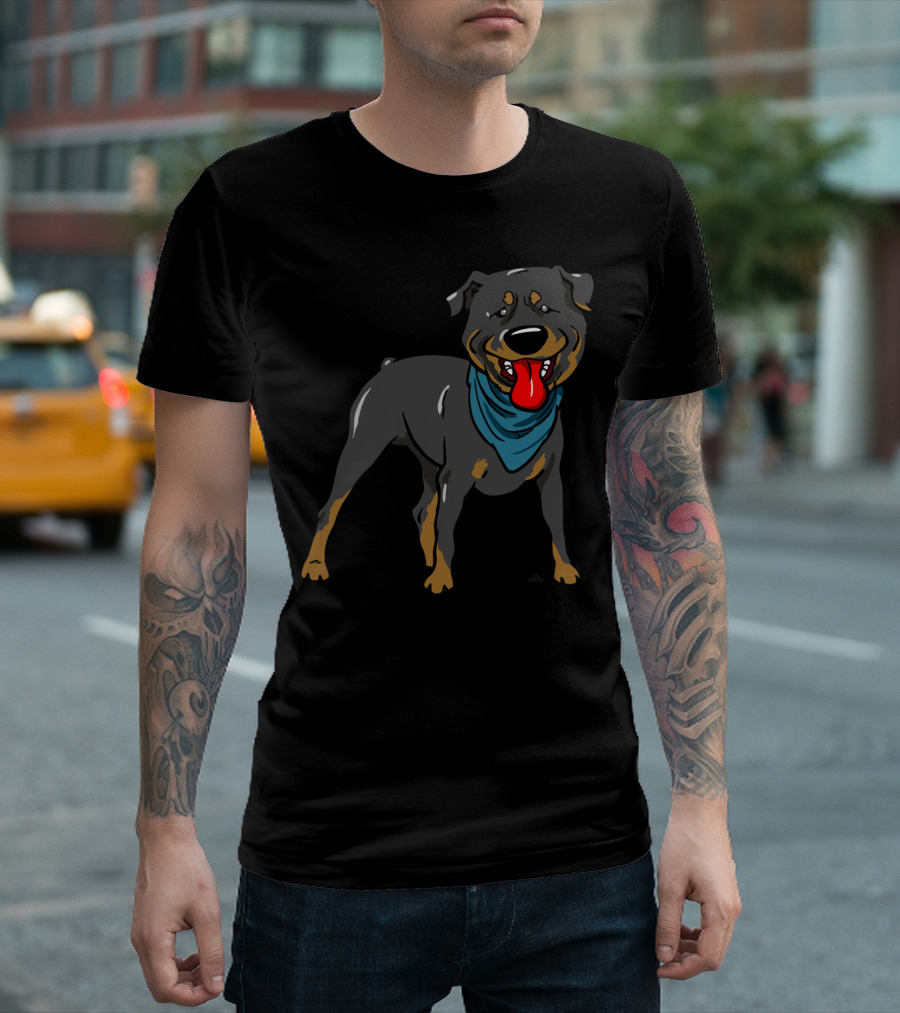 Cool Rottweiler Cartoon Dog With Blue Bandana T-Shirt