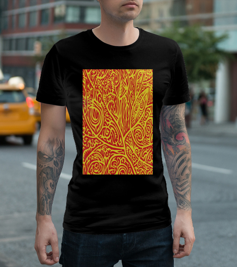 Red and Yellow Abstract Arbor Pattern Leaf Motif T-Shirt