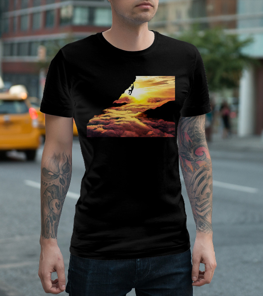 Extreme Climber Silhouette Against Vibrant Sunset and Clouds T-Shirt