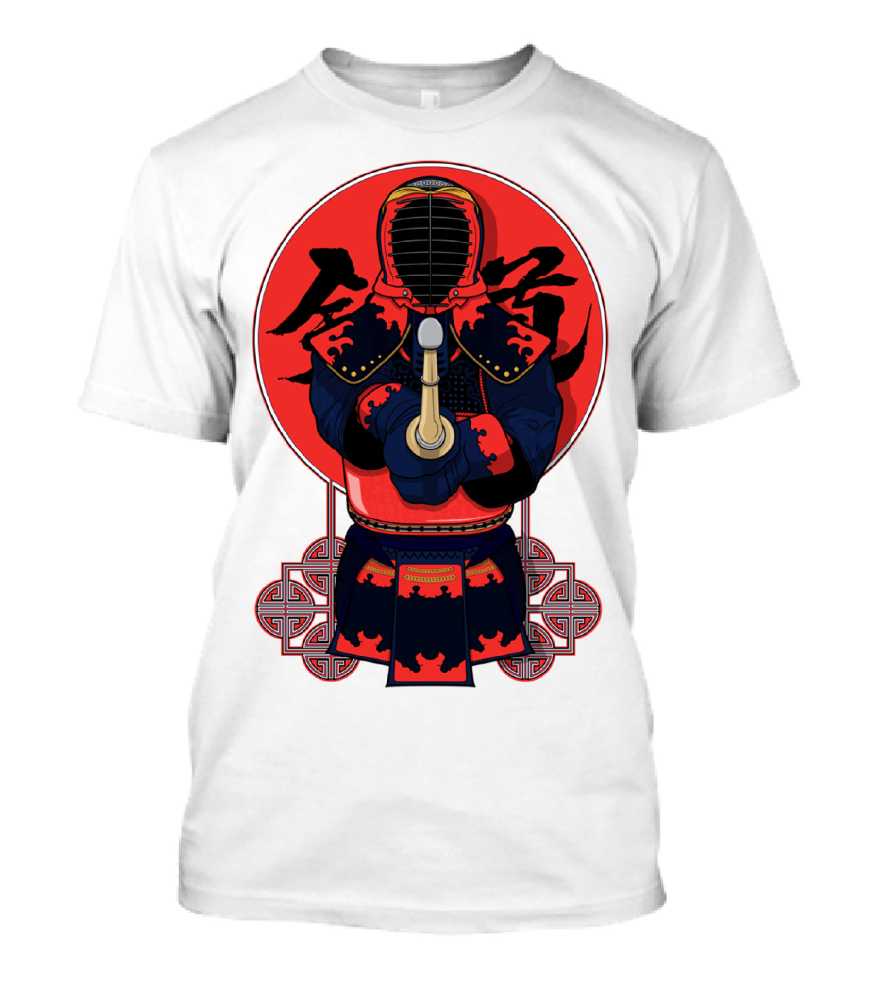 Kendo Martial Arts Warrior In Traditional Armor With Red Japanese Calligraphy Background T-Shirt