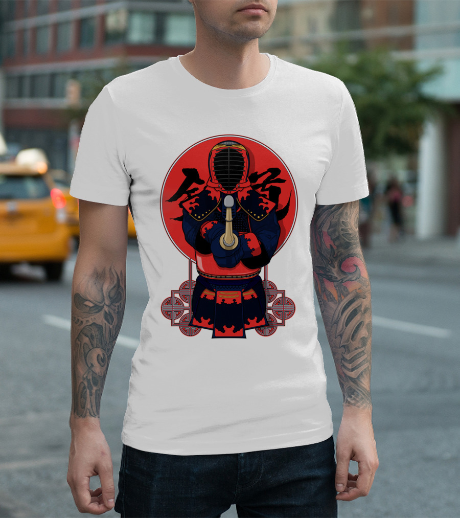 Kendo Martial Arts Warrior In Traditional Armor With Red Japanese Calligraphy Background T-Shirt