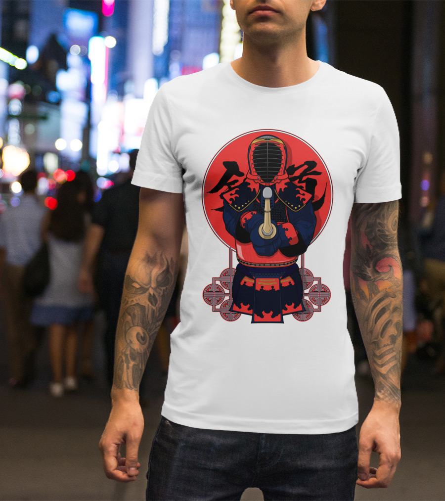 Kendo Martial Arts Warrior In Traditional Armor With Red Japanese Calligraphy Background T-Shirt