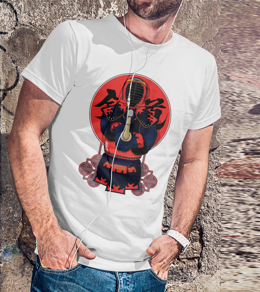 Kendo Martial Arts Warrior In Traditional Armor With Red Japanese Calligraphy Background T-Shirt