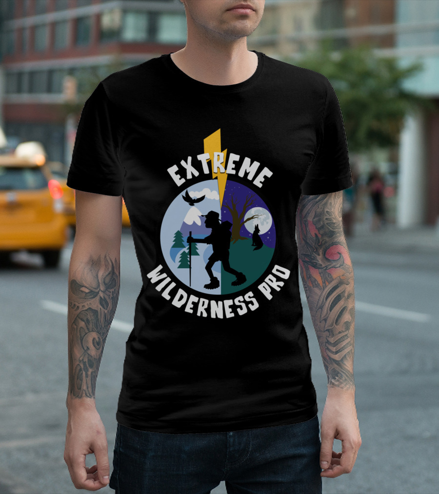 Extreme Wilderness Pro Hiking Adventure Under Moonlit Sky with Trees and Wildlife T-Shirt