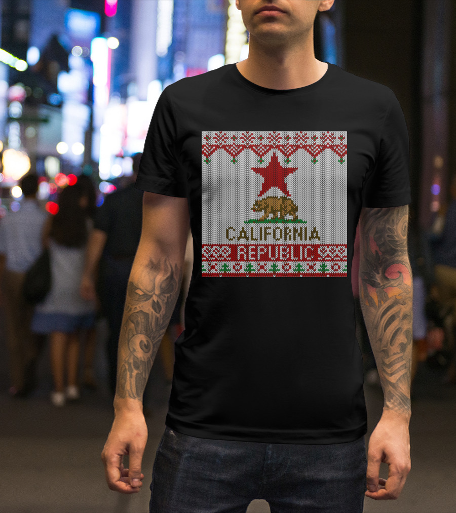 California Republic Ugly Christmas Sweater Style Flag T-Shirt