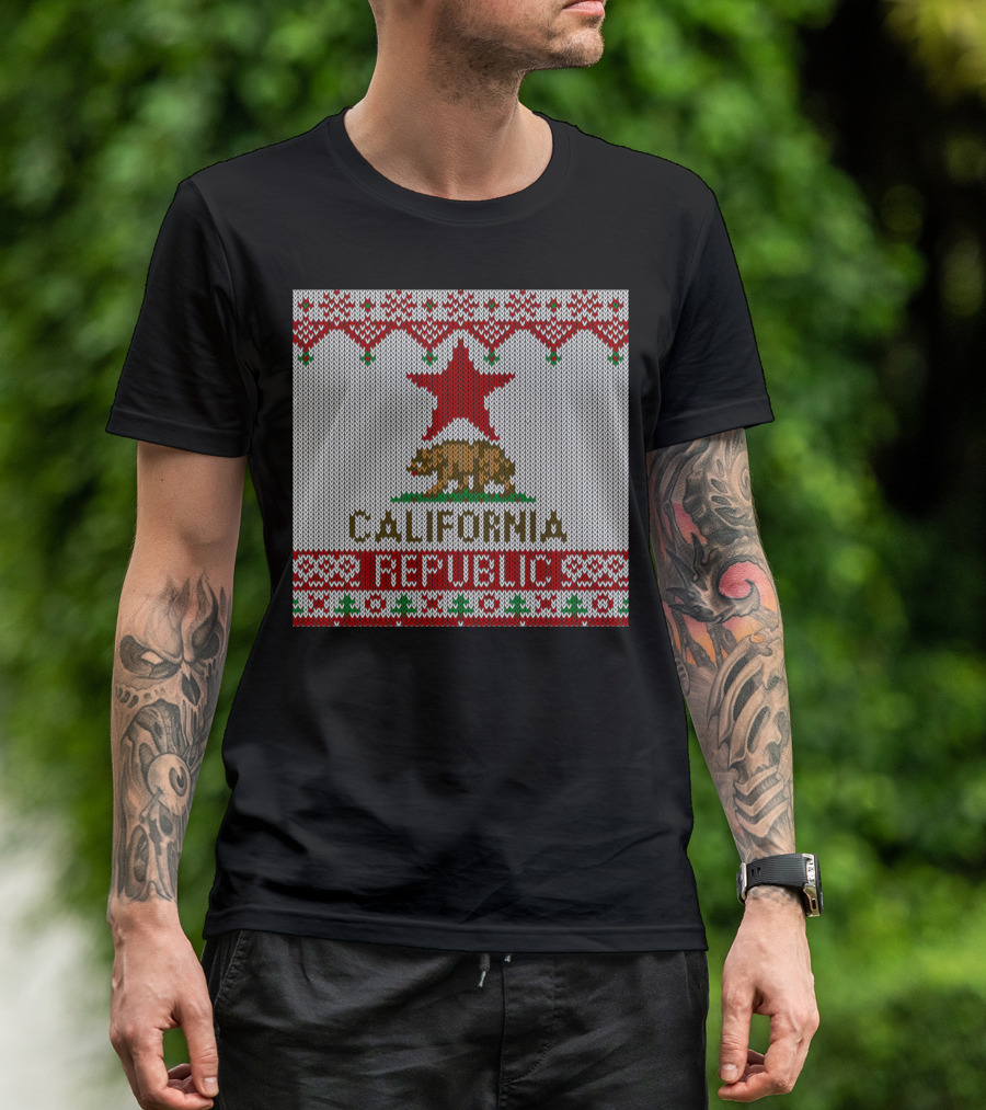 California Republic Ugly Christmas Sweater Style Flag T-Shirt