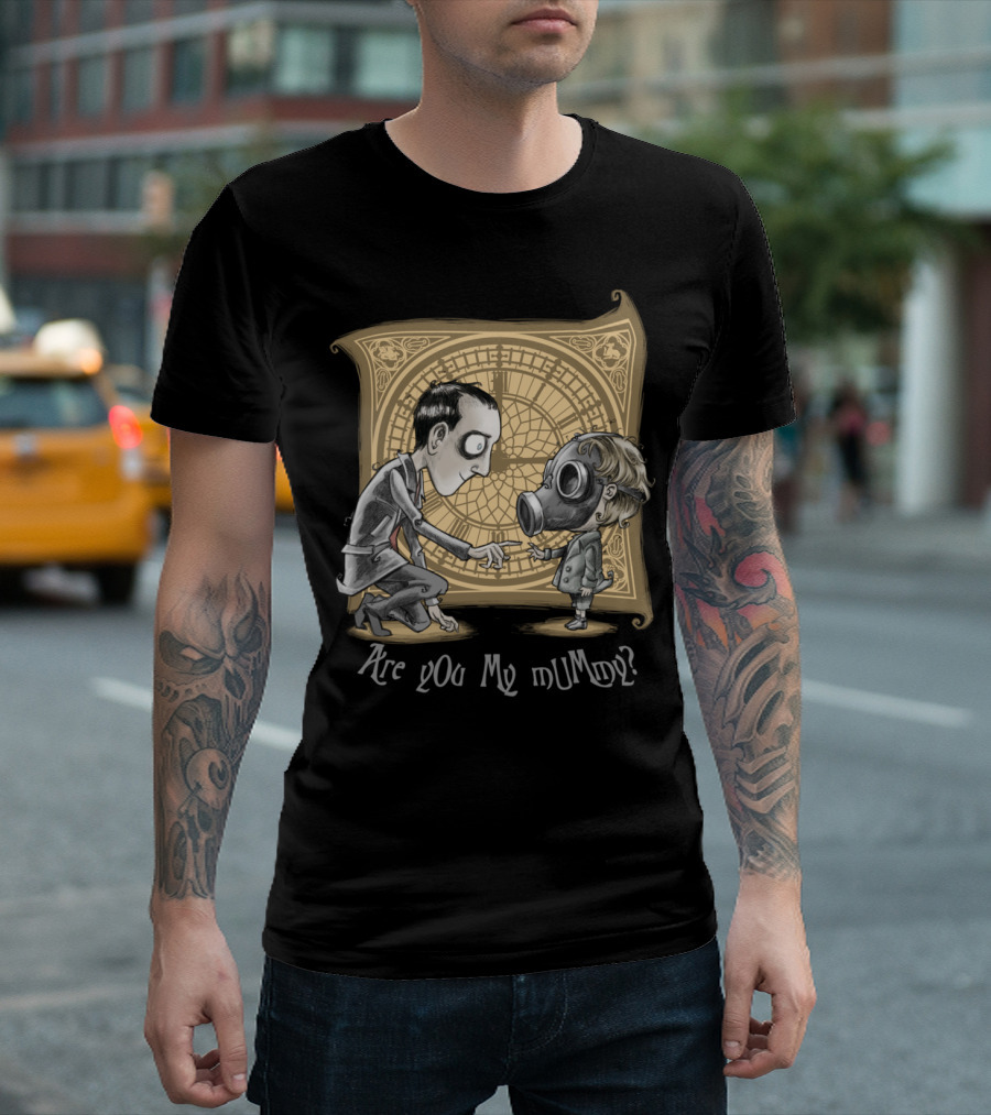 Are You My Mummy Gas Mask Child And Adult With Clock Background T-Shirt