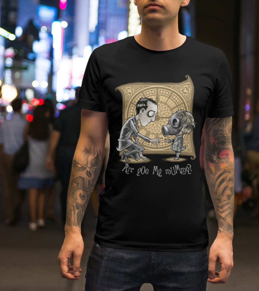 Are You My Mummy Gas Mask Child And Adult With Clock Background T-Shirt