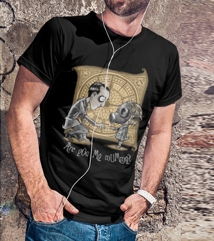 Are You My Mummy Gas Mask Child And Adult With Clock Background T-Shirt