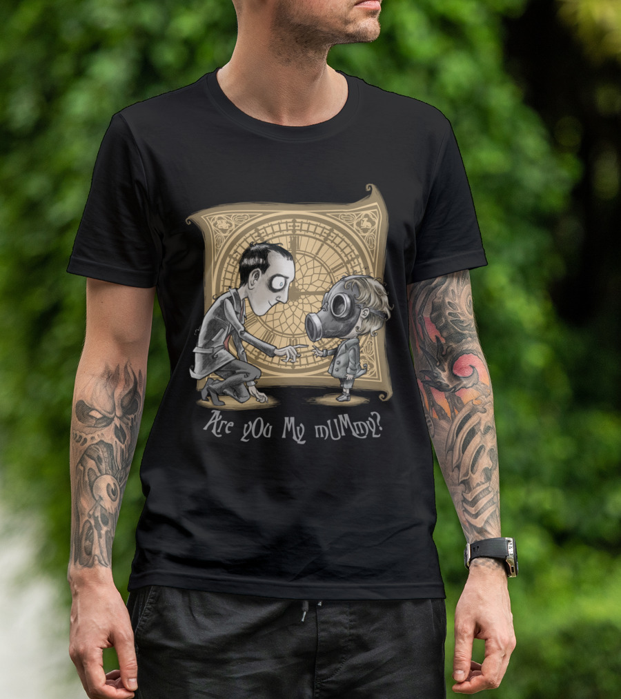 Are You My Mummy Gas Mask Child And Adult With Clock Background T-Shirt