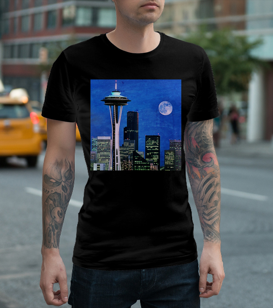 Seattle Space Needle Skyline Blue Night Moon T-Shirt