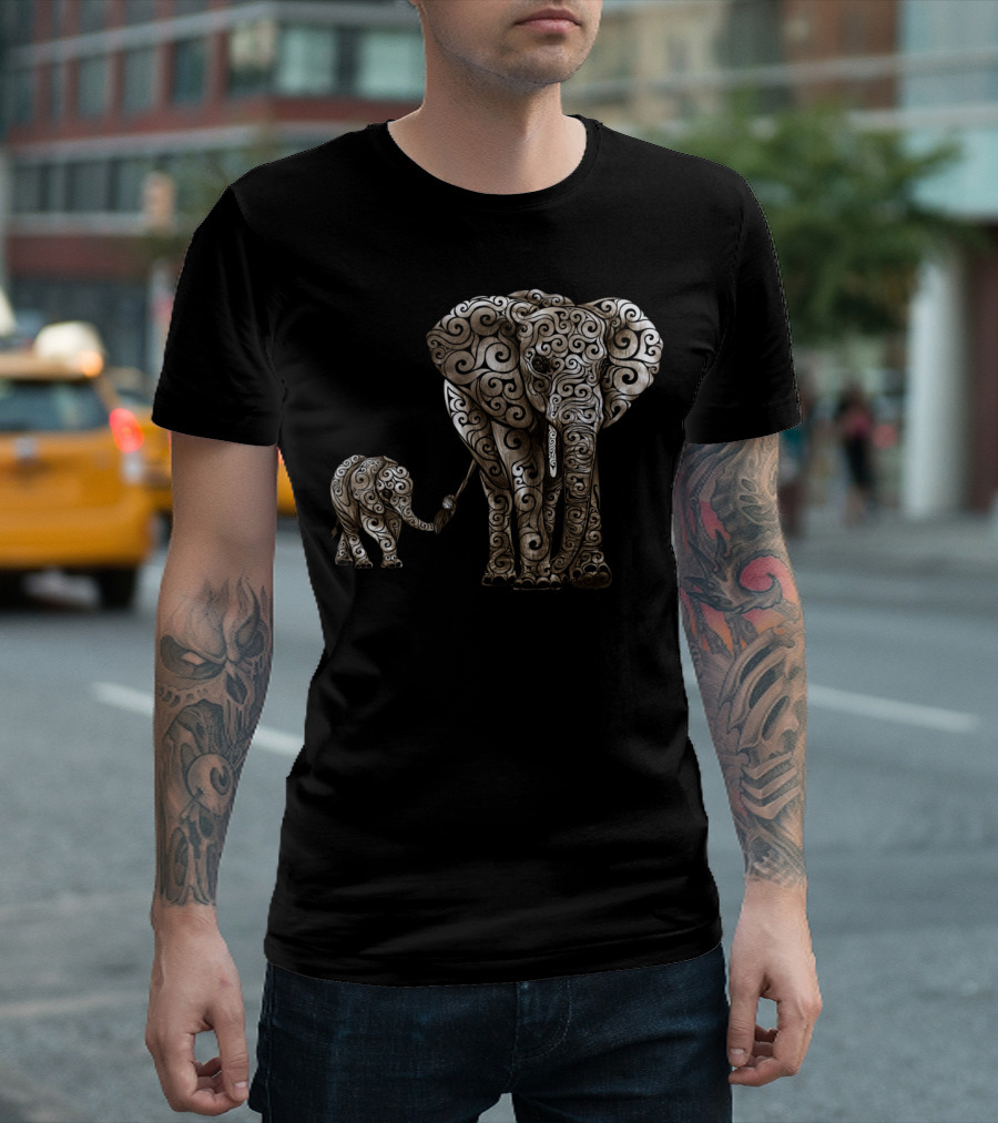 Swirly Elephant Family Ornamented T-Shirt