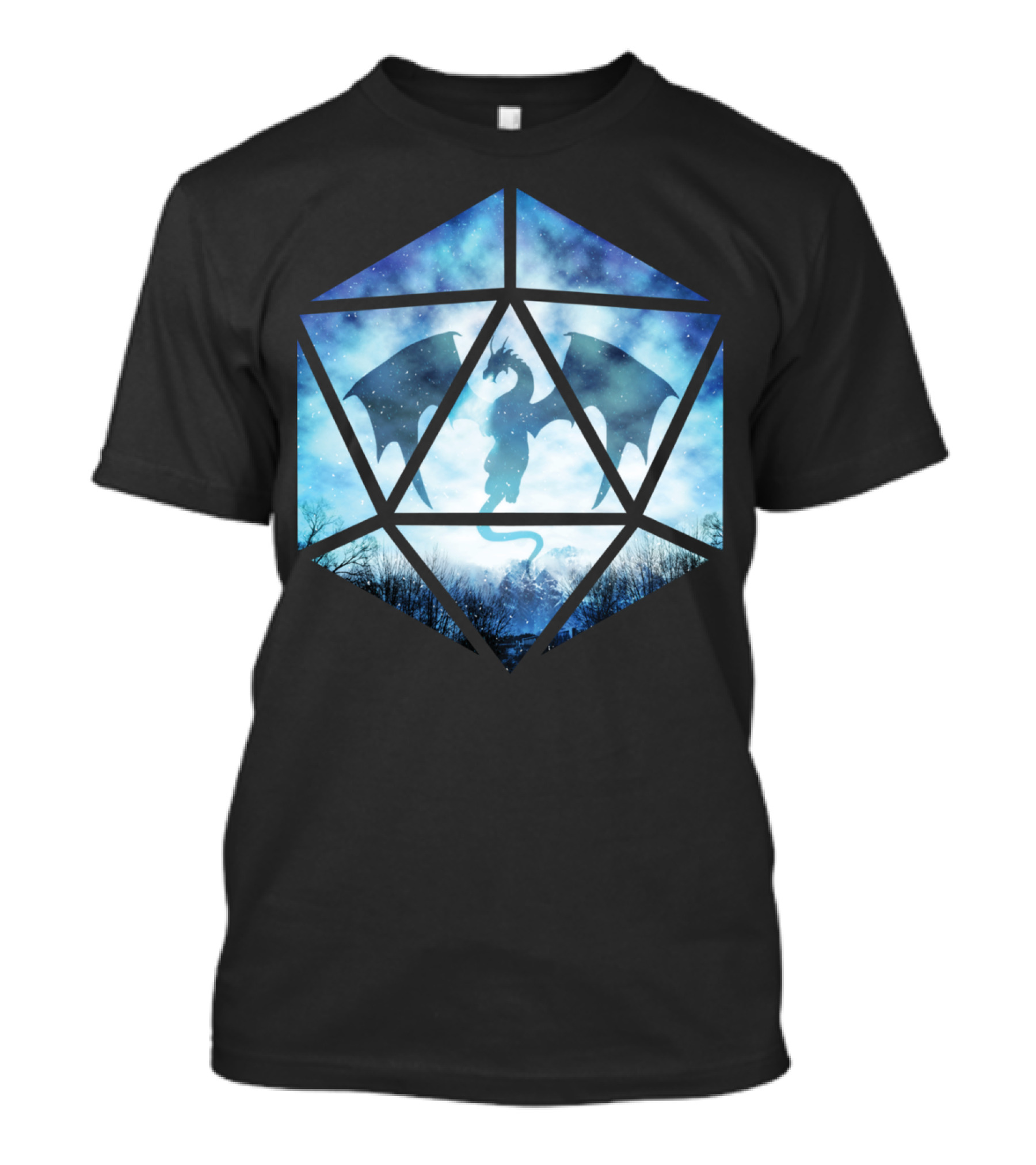 Blue Sky Ice Dragon Dice Silhouette Snowy Night Fantasy T-Shirt
