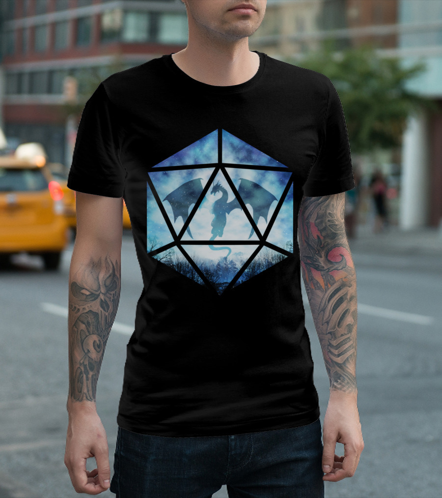 Blue Sky Ice Dragon Dice Silhouette Snowy Night Fantasy T-Shirt