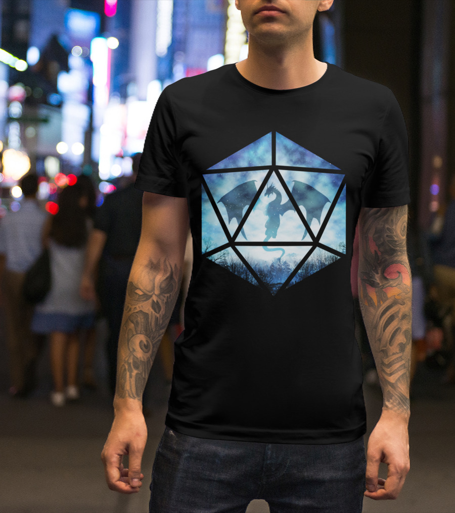 Blue Sky Ice Dragon Dice Silhouette Snowy Night Fantasy T-Shirt