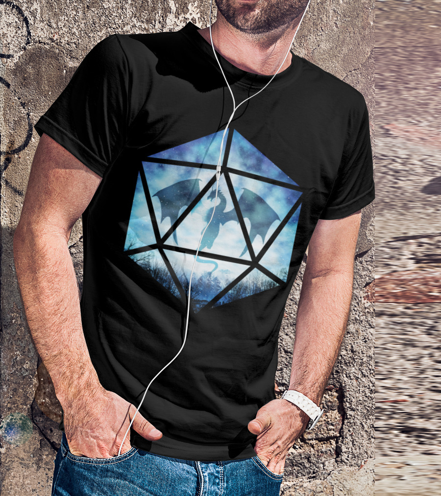 Blue Sky Ice Dragon Dice Silhouette Snowy Night Fantasy T-Shirt