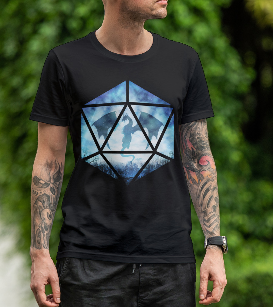 Blue Sky Ice Dragon Dice Silhouette Snowy Night Fantasy T-Shirt
