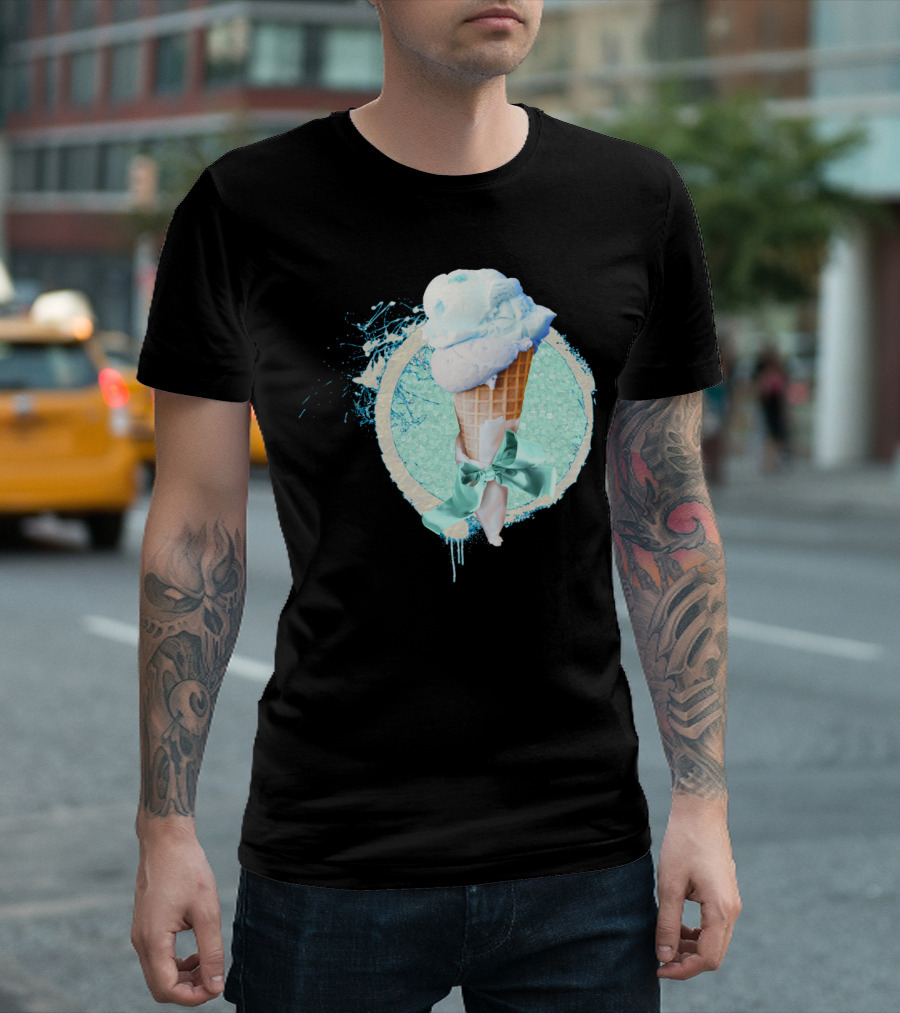 Blue Sugar Ice Cream Cone With Ribbon And Splatter T-Shirt