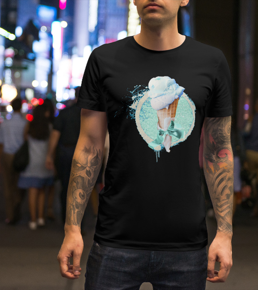 Blue Sugar Ice Cream Cone With Ribbon And Splatter T-Shirt