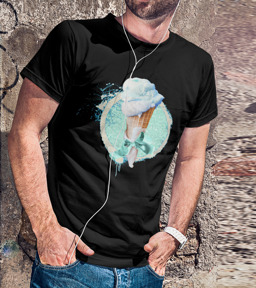 Blue Sugar Ice Cream Cone With Ribbon And Splatter T-Shirt