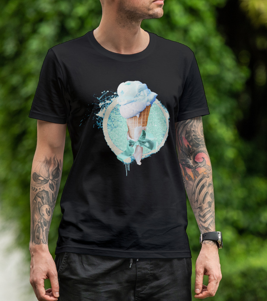 Blue Sugar Ice Cream Cone With Ribbon And Splatter T-Shirt